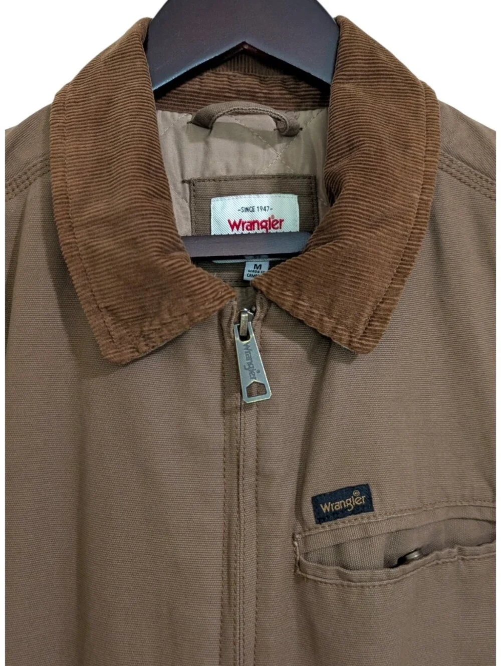 Wrangler Brown Canvas Quilted Lined Workwear Jacket Corduroy Collar Men's Size M